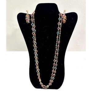 Vtg Gold Tone Faux Pastel Crystal Bezel Set Faceted Necklace Earring Set